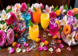 Drinki, Kieliszki, Kolorowe, Kwiaty, Róże, Lilie, Płatki