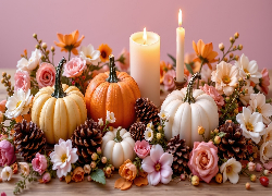 Kompozycja, Dynie, Kolorowe, Kwiaty, Zapalone, Świece, Szyszki