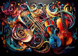 Instrumenty, Kolorowe, Grafika, Kontrabas, Saksofon