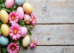 Wielkanoc, Kolorowe, Pisanki, Kwiaty, Różowe, Gerbery, Deski