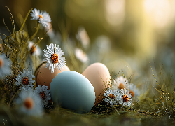 Kolorowe, Jajka, Trawa, Stokrotki, Wielkanoc, Grafika AI