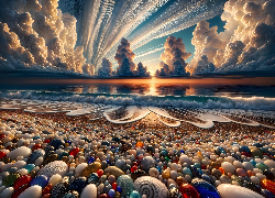 Plaża, Kolorowe, Kamienie, Morze, Niebo, Chmury, Grafika AI