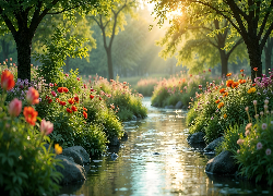 Strumień, Drzewa, Kwiaty, Słoneczny blask
