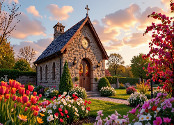 Kościół, Ogród, Kwiaty, Tulipany, Drzewa