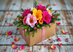 Prezent, Wstążka, Kolorowe, Kwiaty, Płatki, Kwiatów, Deski