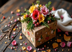 Prezent, Pudełko, Kolorowe, Kwiaty, Płatki, Kwiatów, Zielone, Gałązki