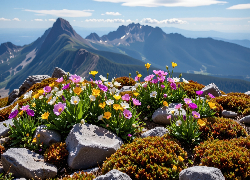 Kolorowe, Kwiaty, Kamienie, Mech, Góry, Grafika AI