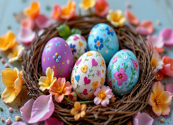 Kolorowe, Jajka, Pisanki, Gniazdo, Kwiaty, Płatki, Wielkanoc