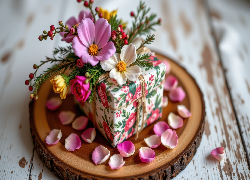 Prezent, Kolorowe, Kwiaty, Plaster, Drewna, Różowe, Płatki, Kwiatów