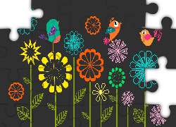 Grafika 2D, Motyw, Kolorowe, Kwiaty, Ptaki