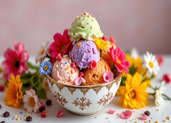 Gałki, Wielosmakowe, Lody, Miska, Kolorowe, Kwiaty