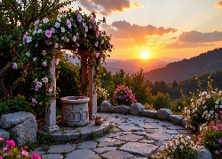 Budowla, Łuk, Kolorowe, Kwiaty, Kamienie, Zachód słońca, Góry