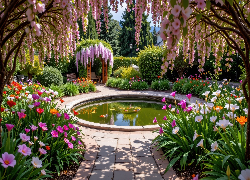 Ogród, Oczko, Wodne, Krzewy, Kolorowe, Kwiaty, Drzewa, Pergola, Ławki