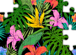 Kwiaty, Kolorowe, Lilie, Liście, Palmowe, Grafika