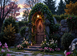 Mur, Schody, Drzwi, Latarnia, Różowe, Białe, Kwiaty, Rośliny, Drzewa