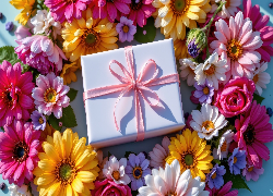 Prezent, Różowa, Wstążka, Kolorowe, Kwiaty, Gerbery