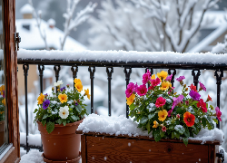 Zima, Kwiaty, Donice, Balkon