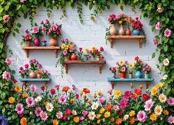 Murowana, Ściana, Półki, Kolorowe, Kwiaty, Doniczki