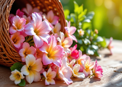 Różowe, Kwiaty, Listki, Wiklinowy, Koszyk