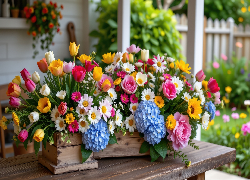 Kolorowe, Kwiaty, Skrzynka, Stół