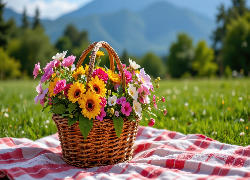 Kwiaty, Kolorowe, Koszyk, Wiklinowy, Łąka, Koc