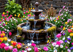 Fontanna, Kwiaty, Ogród