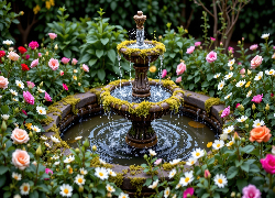 Fontanna, Kolorowe, Kwiaty, Ogród