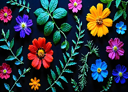 Liście, Kolorowe, Kwiaty, AI