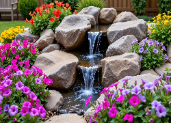 Ogród, Kwiaty, Petunie, Kaskada, Kamienie