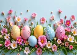 Wielkanoc, Kolorowe, Pisanki, Różowe, Białe, Kwiaty, Zielone, Gałązki