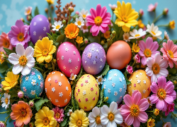 Wielkanoc, Pisanki, Kolorowe, Kwiaty, Grafika AI