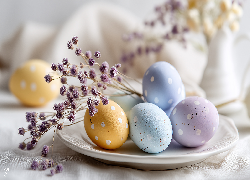 Wielkanoc, Kolorowe, Jajka, Biały, Talerzyk, Suche, Kwiaty, Grafika AI