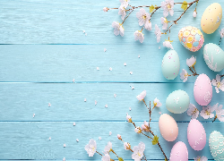 Wielkanoc, Kolorowe, Pisanki, Gałązki, Białe, Kwiaty, Niebieskie, Tło