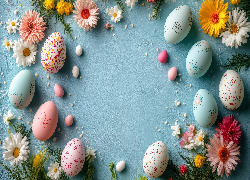 Wielkanoc, Kolorowe, Pisanki, Kolorowe, Kwiaty, Niebieskie, Tło