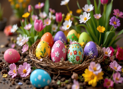 Wielkanoc, Kolorowe, Pisanki, Gniazdko, Kwiaty