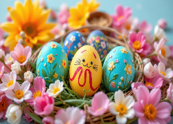 Wielkanoc, Pisanki, Gniazdko, Kwiaty