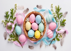 Wielkanoc, Pisanki, Koszyk, Gałązki, Wstążka, AI