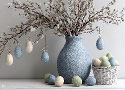 Wielkanoc, Niebieski, Wazon, Bazie, Kolorowe, Pisanki, Grafika AI