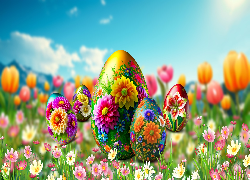 Wielkanoc, Kolorowe, Pisanki, Łąka, Kwiaty, Grafika 2D