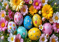 Wielkanoc, Kolorowe, Pisanki, Różowe, Żółte, Kwiaty