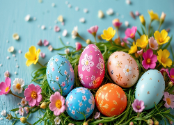 Wielkanoc, Kolorowe, Pisanki, Żółte, Różowe, Kwiaty