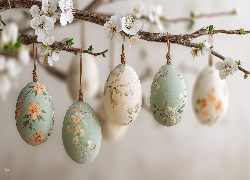 Pisanki, Gałązka, Białe kwiaty, Wielkanoc, Grafika AI