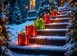 Choinki, Świąteczne, Prezenty, Schody, Światła, Grafika AI