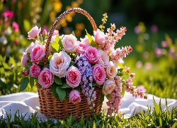 Kwiaty, Kolorowe, Róże, Koszyk, Ogród