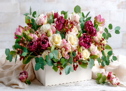 Kwiaty, Róże, Piwonie, Liście, Skrzynka, Materiał, AI