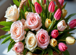 Kwiaty, Kolorowe, Róże, Tulipany