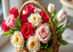 Bukiet, Róże, Tulipany, Wiklinowy, Koszyk