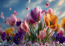 Kolorowe, Kwiaty, Tulipany, Bratki, Grafika AI