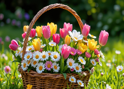 Kwiaty, Stokrotki, Żółte, Różowe, Tulipany, Bukiet, Koszyk