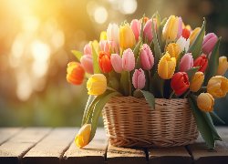 Kwiaty, Tulipany, Kolorowe, Koszyk, Deski